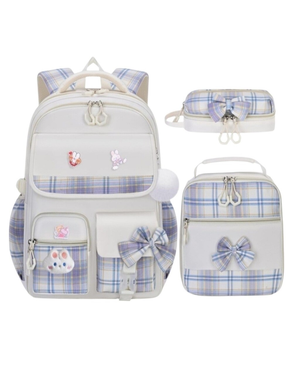 3pc Girls Plaid Backpack, Lunchbox, Case Set- Beige, Blue, Purple- Bunny & Bows